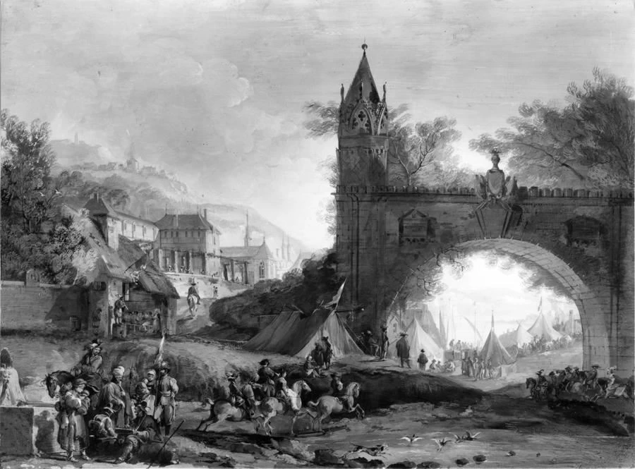 Veduta di fantasia con arco e accampamento militare